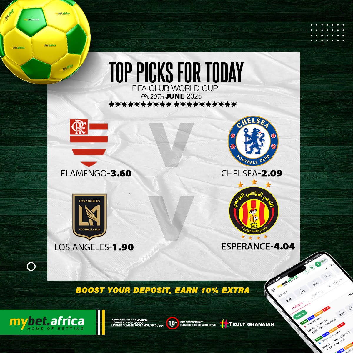 🔥 TOP PICKS FOR TODAY!
The FIFA Club World Cup action continues this Friday, ⚽
Big teams. Bigger odds. Massive excitement! 💥

💸 Boost your deposit and earn 10% extra on mybet.africa
Don't just watch the games — bet and win!

📲 Tap in now. Odds are LIVE.
🔞 18+ |