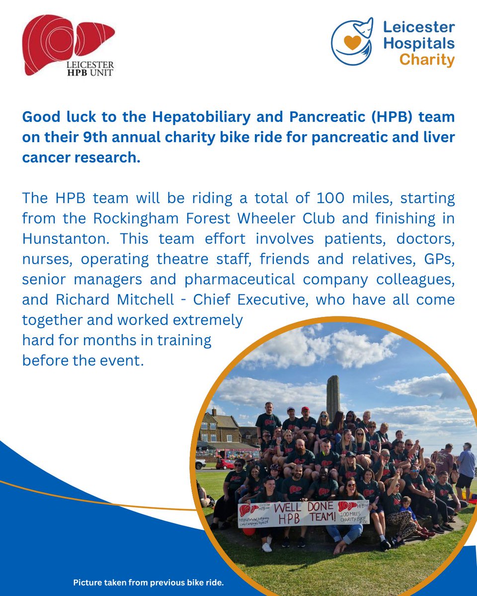 Good luck to the Hepatobiliary and Pancreatic (HPB) team on their 9th annual charity bike ride for pancreatic and liver cancer research.

On Saturday 21 June, the HPB team will be riding a total of 100 miles🧡💙