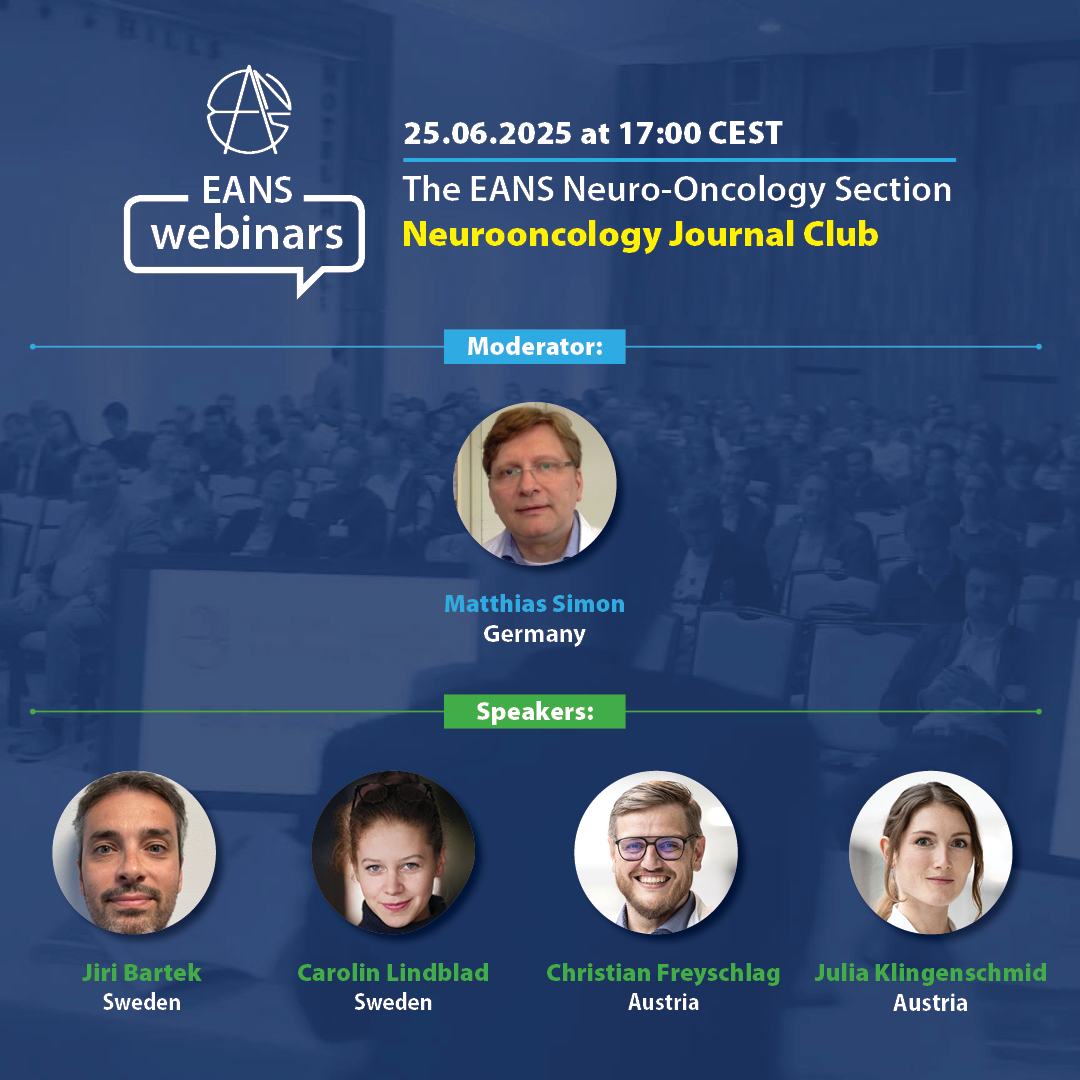 Join us for the 2nd #EANSwebinar next week, featuring  Jiri Bartek &amp; Carolin Lindblad from Sweden and Christian Freyschlag &amp; Julia Klingenschmid from Austria, moderated by Matthias Simon from Germany. 👉 eans.org/page/EANS_Webi…

#NeuroOncology #Webinar #EANSonline