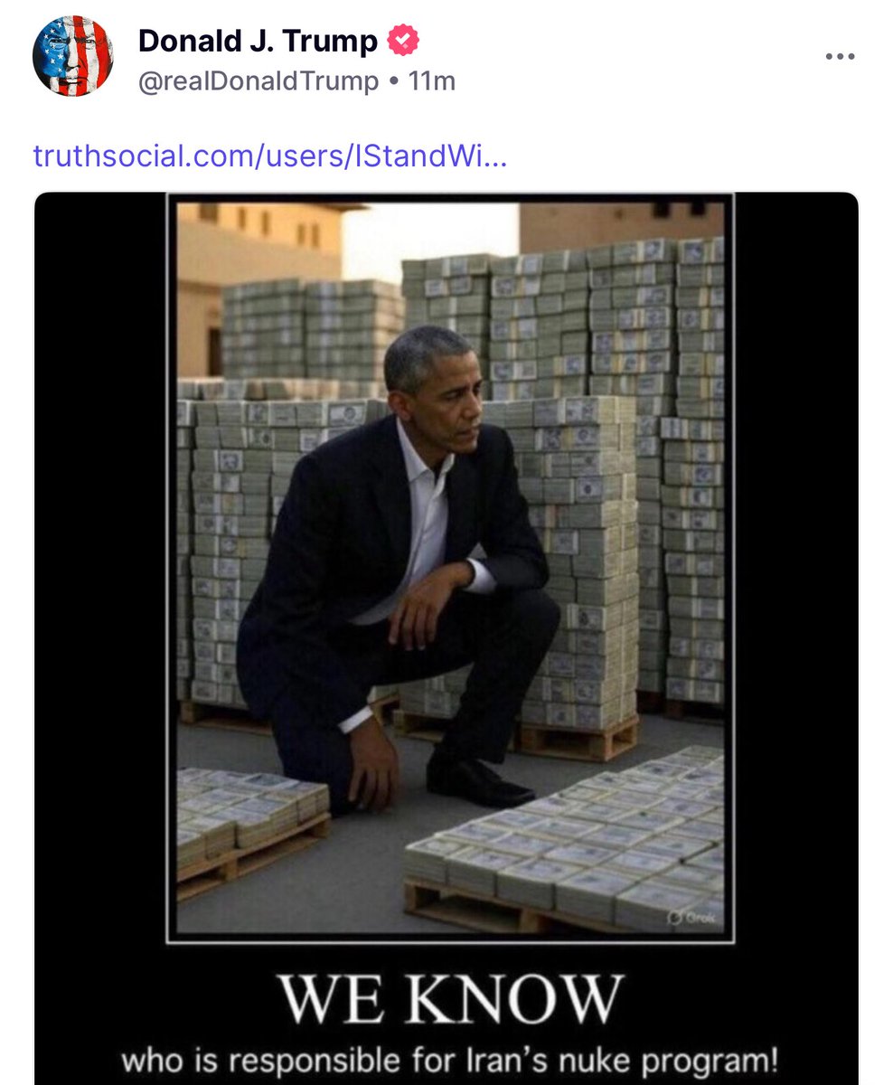 Raise your hand ✋️ if you agree with Trump who just posted on Truth that Obama's the one to blame for Iran's Nuclear program 💯%