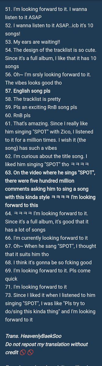 [Theqoo] "Doh Kyungsoo first full album &lt;BLISS&gt; Tracklist (Title song: Zico-SPOT! Composers)" (Popular post with 70+ comments)

10. This is the taste of a full album

13. I think the font shows the vibes of that (specific) song. I wanna listen to it ASAP 

37. Bet it'll suits