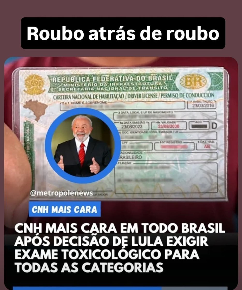 🇧🇷 CNH MAIS CARA
Temer e Bolsonaro reduziram o valor dos documentos, desburocratizaram e aumentaram a validade.
Mas o PT precisa arrecadar, e toda mudança como esta, que atrapalha o cidadão, é um esquema para encher os bolsos de corruptos.
Lula só sabe viajar e aumentar imposto.