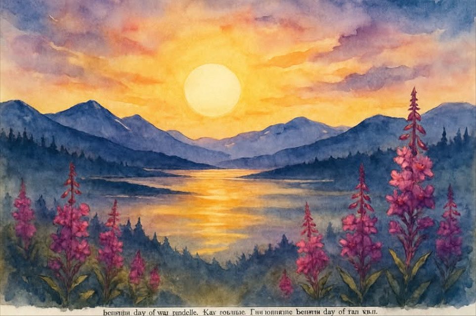LilVikingGardns's tweet photo. It’s official: the sun forgot how to set! Happy 1st day of 🌞 from the land of midnight sun! Up here, the days are long, the bugs are bold, &amp; sleep is optional. So, here’s to fireweed blooms, endless golden skies, and maybe a little sleep....eventually! ☕️🍹 https://t.co/vVAGe0bj2y