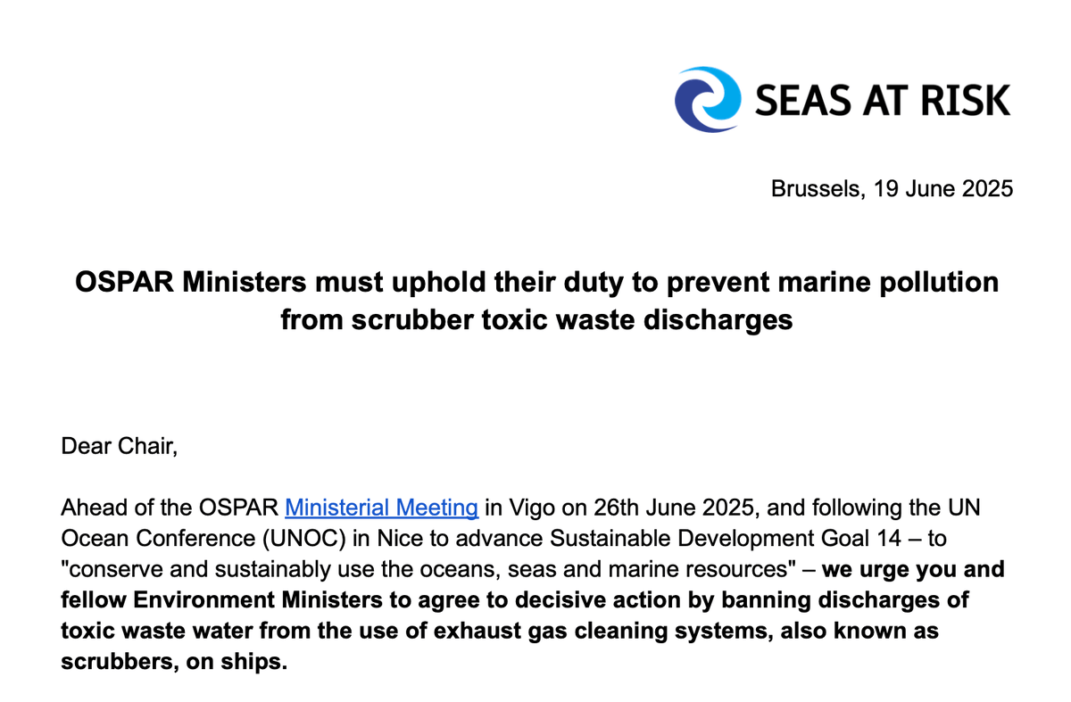 CleanArctic's tweet image. Open Letter: @osparcomm Ministers must uphold their duty to prevent marine pollution from scrubber toxic waste discharges bit.ly/caa_ospar2025
@SeasAtRisk
