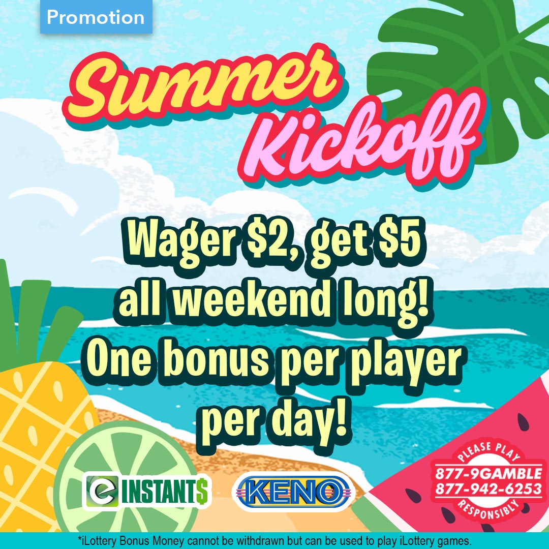 Get Ready for a Summer Bonus! ☀️😎

Each day this weekend, June 20-22, when you wager $2+ on any Keno or eInstant game online you’ll score $5 in iLottery Bonus Money! *One bonus per player per day. Bonus Money is for iLottery play only.

Play now: rilot.com/en-us/einstant…