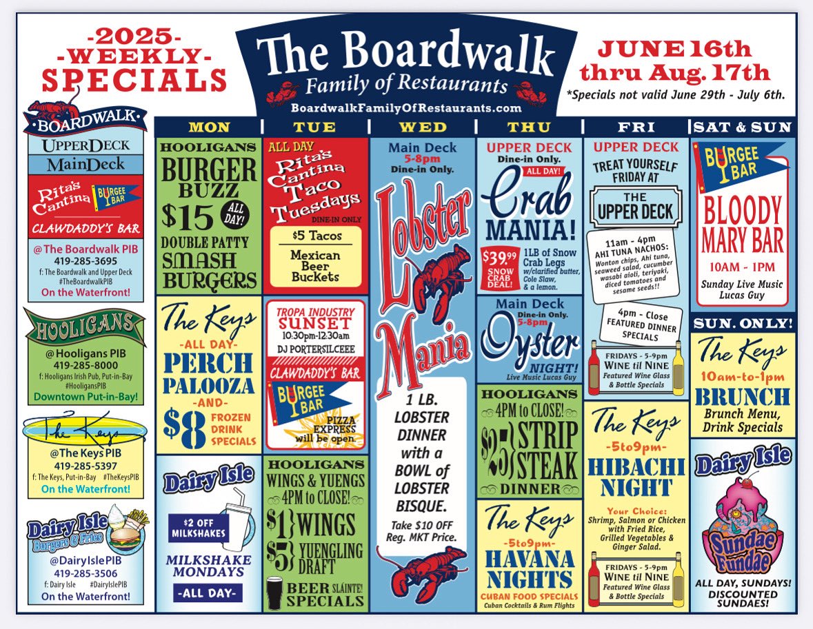hooliganspib's tweet photo. The Boardwalk Family of Restaurants is thrilled to announce our Summer 2025 Calendar of Events! Every day brings something special from one of our four island restaurants — from live music and themed nights to food and drink specials.🦞 ☀️ ☘️ 🍦 #PIB #PutinBay #LakeErie #Ohio https://t.co/57n0Zn69hL