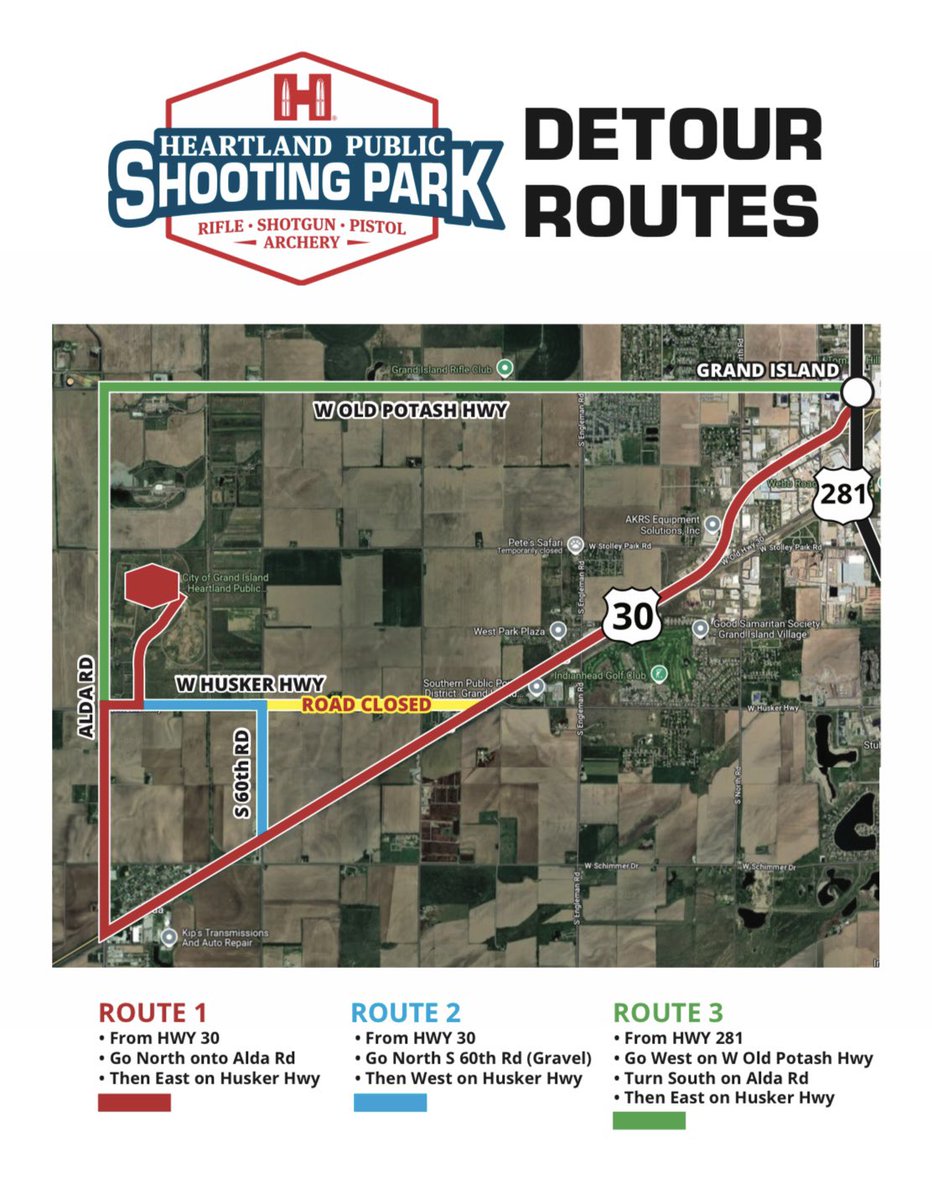 There is construction underway at Fonner Park and on Husker Highway. 

Included is a map of the current detour routes for Heartland Public Shooting Park. Please continue monitoring our Facebook page for any updates regarding construction.