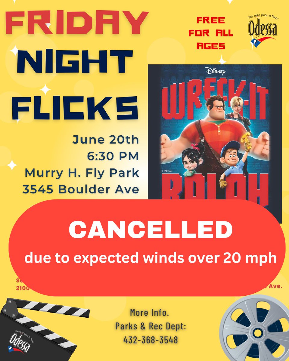CANCELLED: Friday Night Flicks

Due to forecasted winds of 20+ mph this evening, our Friday Night Flicks event will be rescheduled. For safety reasons, the screen cannot be set up in winds exceeding 18 mph.

(432) 368-3548
odessa-tx.gov/256/Parks-Recr…