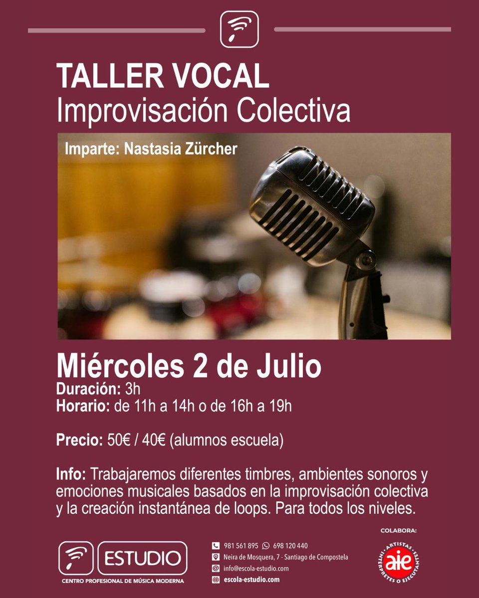 El próximo 2 de julio TALLER VOCAL
Para todos los niveles.

#cemuestudio #musicamoderna #clasesdemusica #clasesdecanto #estudioescola #escolaestudio