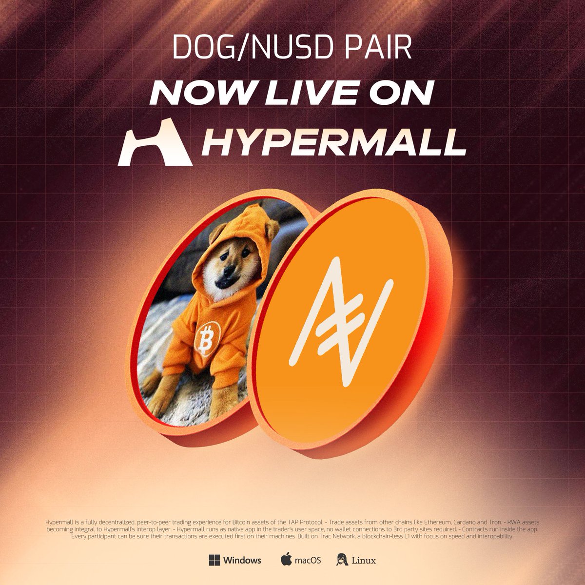 $DOG/NUSD pair live on HyperMall ⚡️

Trade $DOG against Bitcoin-native Stablecoin NUSD — instantly and gasless at Hypermall.io.

Already have the app? Just restart to update.