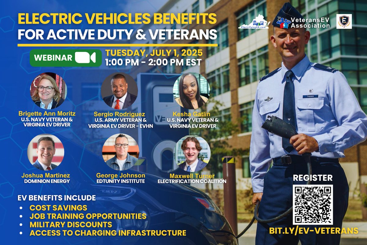 Greater Washington Region Clean Cities Coalition (@gwrccc) on Twitter photo 🚗⚡Veterans & service members in Virginia: Discover how EVs can save you money, support your values, and fuel a new career path.
Join our FREE Electric Vehicles & Veterans Webinar!
📅 Tuesday, July 1, 2025 | 💻 Online
🔗 Register Here
#EVs #Veterans #CleanEnergyCareers #Virginia 🚗⚡Veterans & service members in Virginia: Discover how EVs can save you money, support your values, and fuel a new career path.
Join our FREE Electric Vehicles & Veterans Webinar!
📅 Tuesday, July 1, 2025 | 💻 Online
🔗 Register Here
#EVs #Veterans #CleanEnergyCareers #Virginia