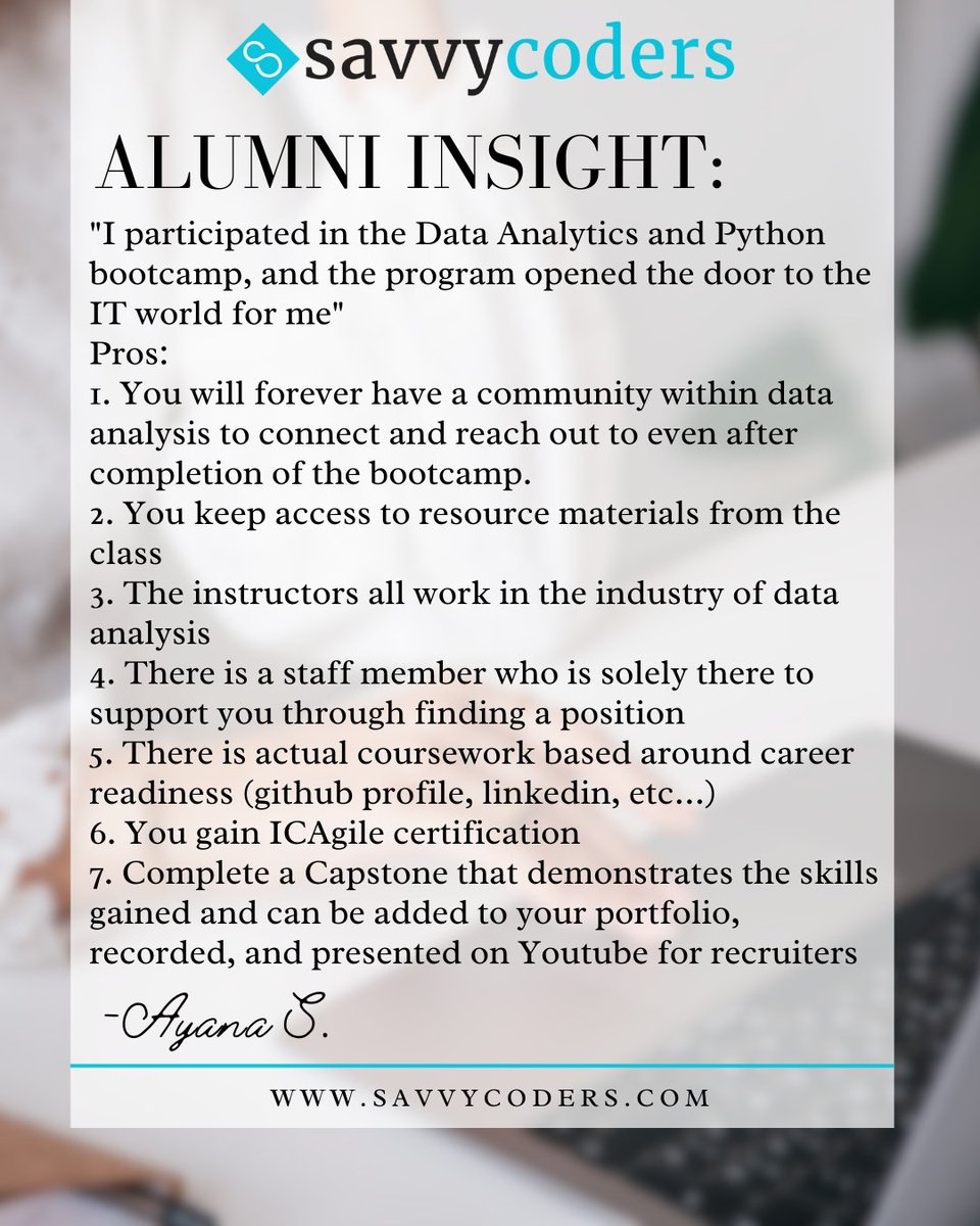 Savvy Coders (@savvycoders) on Twitter photo Ayana’s journey is exactly why we do what we do. From day 1, our program connects you to a community of peers & industry professionals who stick with you well beyond graduation.
Ready to walk through the door Ayana opened? Request more info:➡️ savvycoders.com
#SavvyCoders Ayana’s journey is exactly why we do what we do. From day 1, our program connects you to a community of peers & industry professionals who stick with you well beyond graduation.
Ready to walk through the door Ayana opened? Request more info:➡️ savvycoders.com
#SavvyCoders