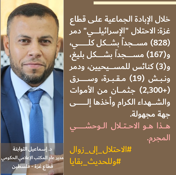 ⛔ خلال الإبادة الجماعية علـى قطاع غزة: الاحتلال "الإسرائيلـي" دمر (828) مسجداً بشكل كلـي، و(167) مسجداً بشكل بليغ، و(3) كنائس للمسيحيين، ودمر ونبش (19) مقبرة، وسرق (+2,300) جثمان من الأموات والشهداء الكرام وأخذها إلـى جهة مجهولة.
هذا هو الاحتلال الوحشي المجرم.
#الاحتلال_إلى_زوال