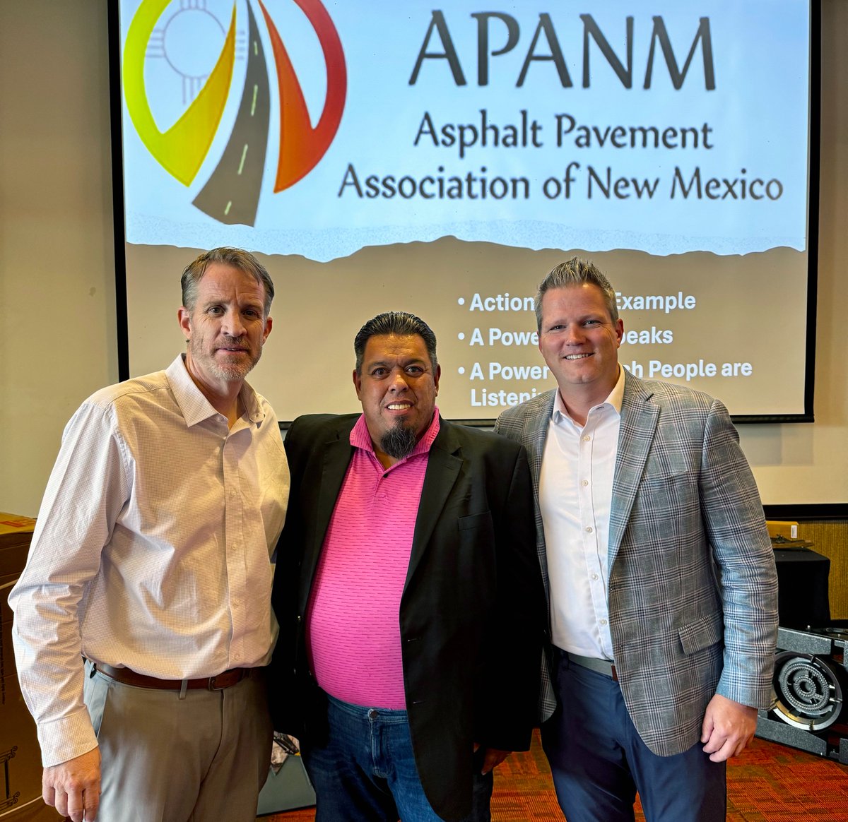 Asphalt Institute President Reed Ryan was the keynote speaker at Thursday night's Asphalt Pavement Association of New Mexico (APANM) annual industry dinner in Albuquerque. Shown in the photo (L-R) are APANM Exec. Director Dan Lewis, <a href="/NMDOT/">NMDOT</a> Exec. Director Jerry Valdez and Reed.