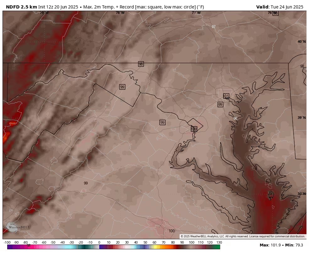 🥵 Hotter than first thought.
Forecast highs for D.C.’s heat wave have been bumped up — now 99° Monday, 100° Tuesday, 98° Wednesday.
🔥 Feels-like temps: 105–110° early next week. Record heat possible.

🧵 Full update: cwg.live

Pictured: Forecast highs Tuesday