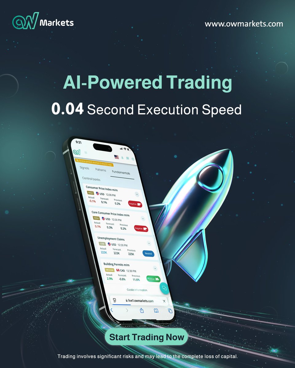 OWMarkets's tweet photo. No more delays. No more missed opportunities.
- 0.04 seconds. 
- 85% accuracy. 
- Powered by AI.

Start trading with OW Markets today.
#Trading #Forex #OWMarkets #AI_Trading https://t.co/eY1Rih2t2w