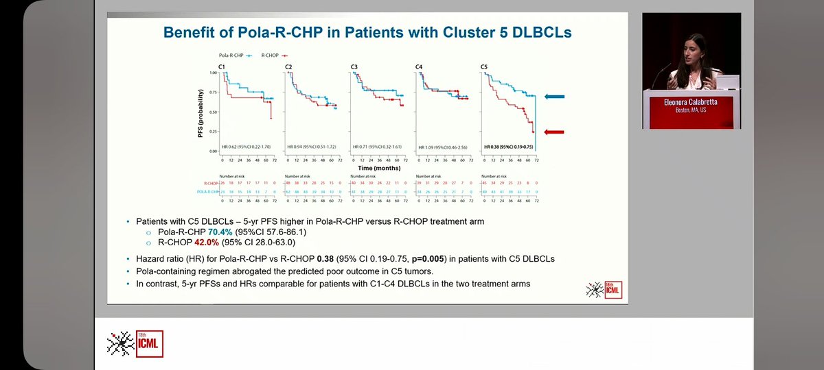 The benefit of pola R chp seems to be limited to C5. How does it compare to the data of the Phoenix trial and the benefit in MCD subgroup? #18ICML #ICML2025