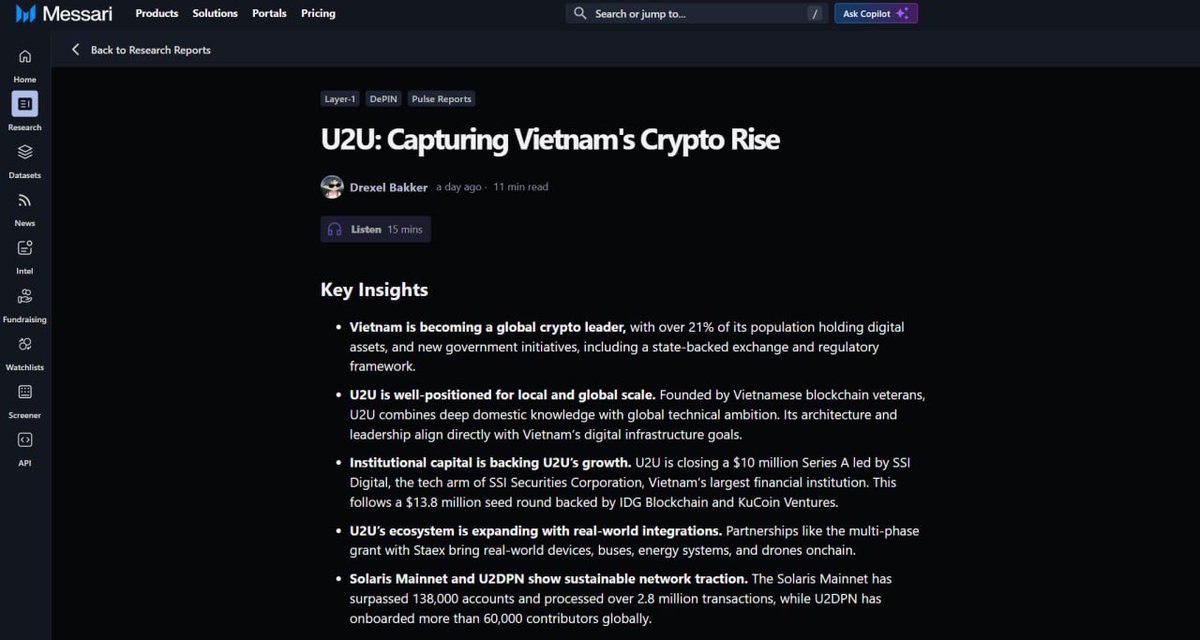 Good things come in threes.
The creator of the term #DePIN - Messari - just published a new report on <a href="/u2u_xyz/">U2U Network</a> and Vietnam’s crypto rise. 🔥

Reading it gave me both joy and motivation. From the Series A led by SSID to the numbers they highlighted about U2U

🗾 Messari also