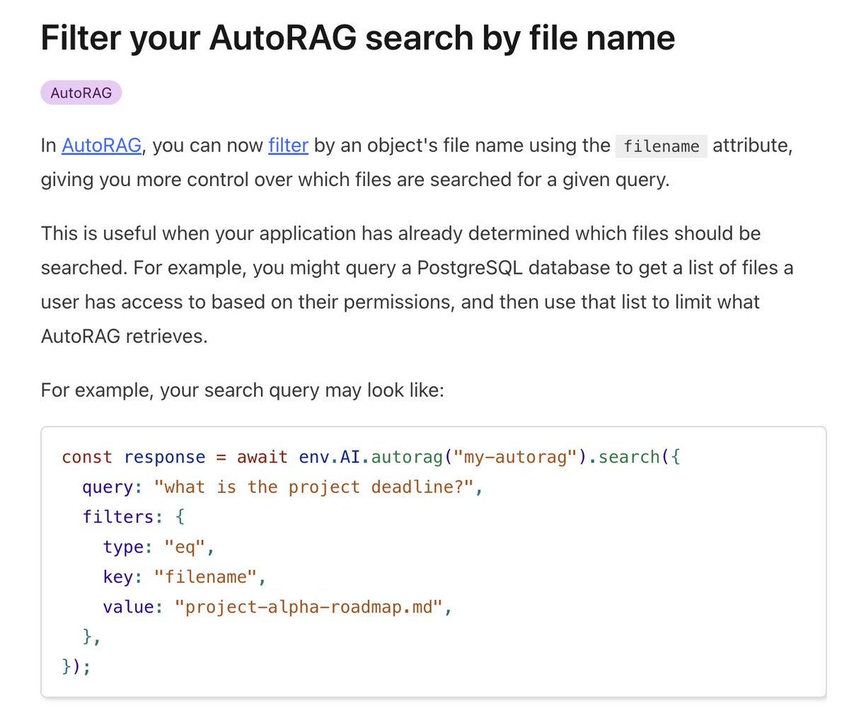 Three new drops in AutoRAG this week:
🔍 Filter by filename to control what gets retrieved
🧠 Add a context field to enrich each chunk
📎 See custom metadata in search responses

Docs → developers.cloudflare.com/autorag/config…

What do you want to see next? 👀👀
