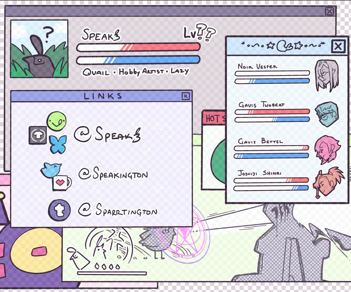 Speakington's tweet image. (・⊝・)&amp;gt;c[🌂] I&apos;m Speakz, a hobby artist &amp;amp; full time slave to my day job. I&apos;m a Tempura and a wha-quail in gacha games. Carrd has all relevant links 🖍️
---
Carrd Info: speakz.carrd.co