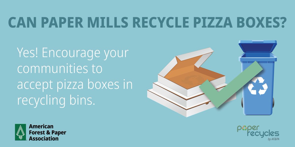 NCForestryAssoc's tweet image. Paper mills want your cardboard pizza box to recycle!  Have a little grease and cheese remaining on the bottom of the box? No problem, recycle as is! bit.ly/45mxcI9

@ForestandPaper