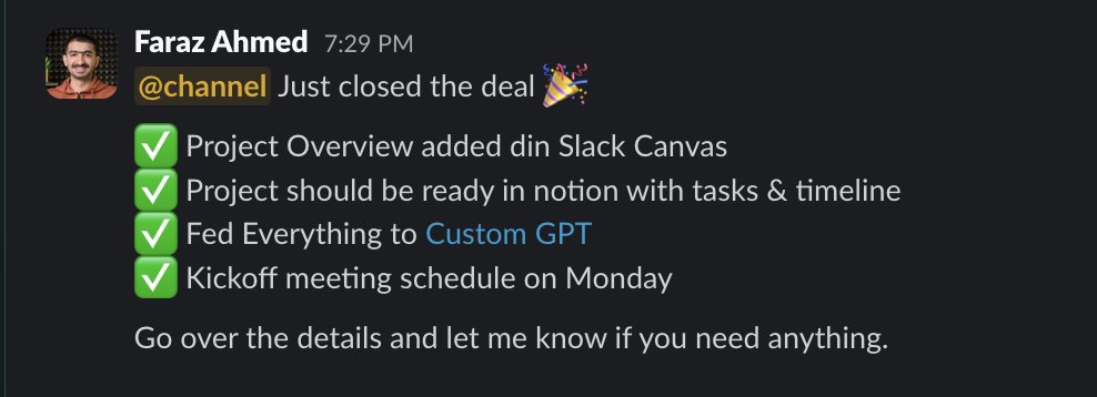 faraz___dev's tweet image. Just closed a deal?
Here&apos;s how our systems work for us:
✅ Notion status triggers project + tasks
✅ Slack channel auto-created
✅ Custom GPT gets all context
✅ Team starts with 100% clarity
No chaos. Just execution.
#Developios #AutomationInAgencies #ProjectOps