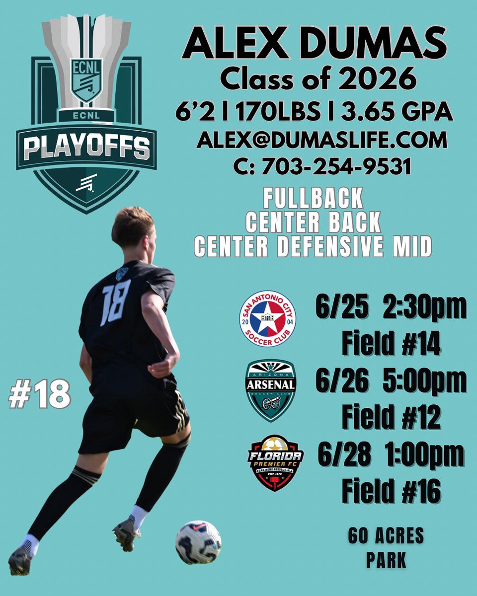 Locked in for ECNL National Playoffs next week in Seattle! Excited to rep NVA and test myself against top teams in the country. Been grinding all season - now it's time to show it on the field.
Coaches, here's where you can find me:

9 60 Acres Park
6/25 @ 2:30PM | Field 14 vs