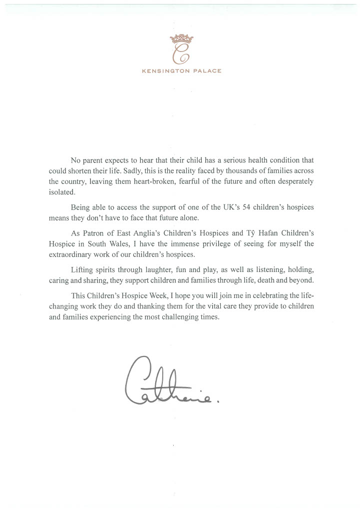 Her Royal Highness The Princess of Wales @kensingtonRoyal has written a personal and heartfelt message to mark #ChildrensHospiceWeek. In it she says, thanks to our children's hospices, families will never face the future alone: bit.ly/3G3XDdE 

<a href="/tyhafan/">Tŷ Hafan</a> <a href="/Tog4ShortLives/">Together for Short Lives</a>