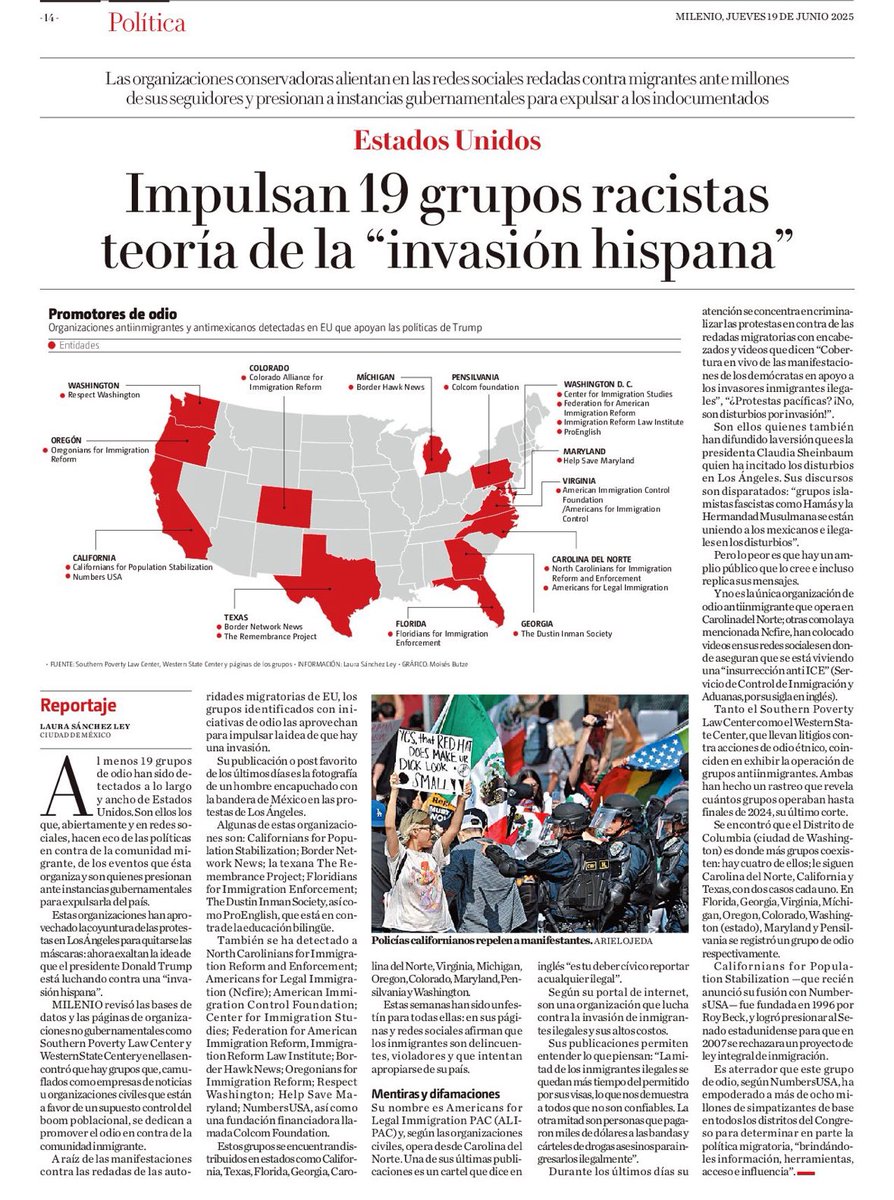 Hay 19 grupos de odio que están impulsando con todo la teoría de la “invasión hispana”.

Sobre todo después de los hechos de Los Ángeles, se han quitado las máscaras y empiezan a difundir teorías loquísimas sobre la comunidad migrante que se replican

Acá les cuento en <a href="/Milenio/">Milenio</a>