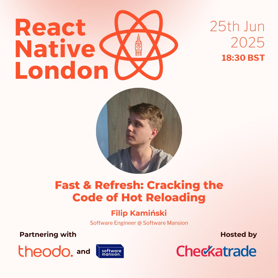 React Native London (@rnlconf) on Twitter photo Announcing our second speaker for this months RNL 🗣️
<a href="/FilipKaminski/">Filip Kamiński</a> will be presenting "cracking the code of hot reloading"! 🔥
Get your FREE tickets which are almost sold out: guild.host/events/react-n… Announcing our second speaker for this months RNL 🗣️
<a href="/FilipKaminski/">Filip Kamiński</a> will be presenting "cracking the code of hot reloading"! 🔥
Get your FREE tickets which are almost sold out: guild.host/events/react-n…