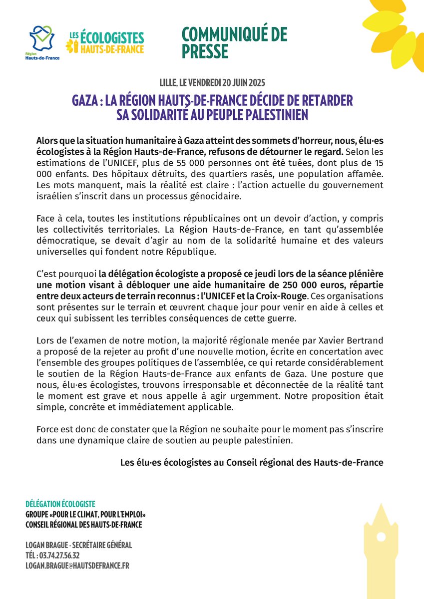❌🗳️ Hier en séance plénière, la majorité régionale a refusé notre motion de soutien à une aide humanitaire pour les enfants de Gaza.
➡️ Un refus qui retarde la solidarité de la Région Hauts-de-France envers le peuple palestinien.
Notre communiqué ⤵️