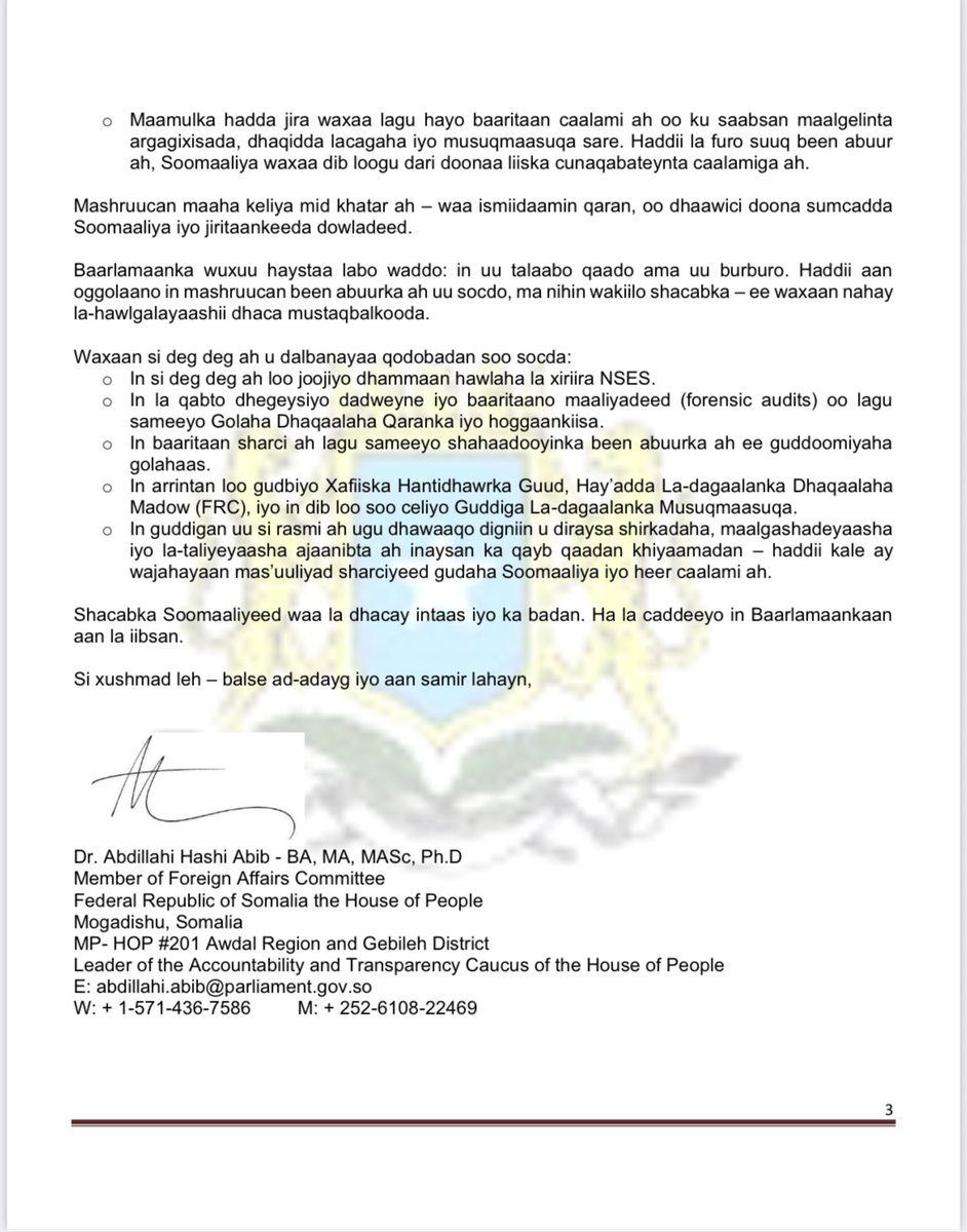 Ref: GSH/XX/CXA/CFBO_16  Date: 20/06/2025

To: Chairperson and Members of the Committee on Finance, Budget, and Oversight
Cc: IMF – Somalia
Cc: World Bank – Somalia
Cc: All International Embassies - Somalia

Ujeeddo: Shirqool Dembiyeed oo Lagu Abuurayo Suuq Weyn oo Been Abuur ah