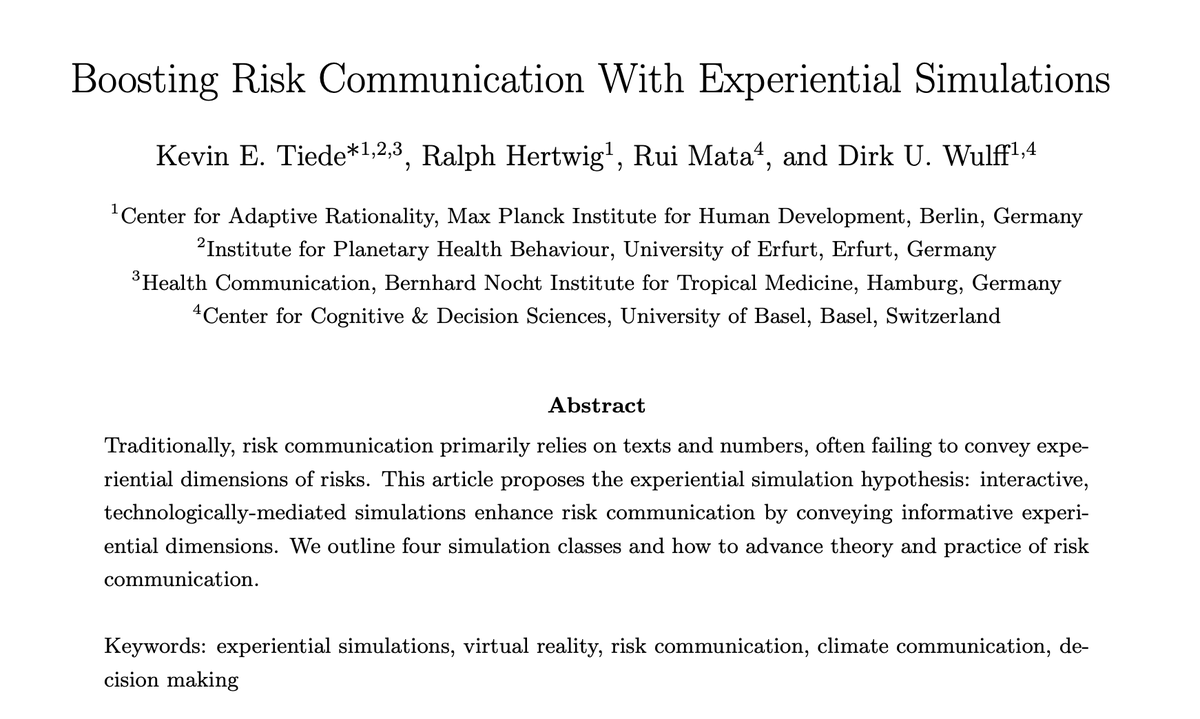 dirkuwulff's tweet image. 🚨 New preprint 🚨
How to improve risk communication?
In this new piece, spearheaded by Kevin Tiede, we argue that traditional risk communication often fails to convey experiential dimensions of risk, and that experiential simulations can fill this gap.
doi.org/10.31234/osf.i…