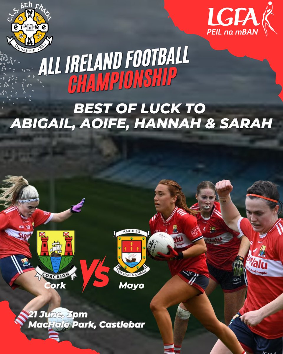 Best of luck to Abigail Ring, Aoife Healy, Hannah Looney, Sarah Leahy (Captain) &amp; the Cork Senior Ladies Football team in their crucial All Ireland Championship clash against Mayo in Castlebar tomorrow at 3pm. 

Up the rebels! 🔴⚪️

<a href="/AghadaLGFA/">AghadaLGFA</a> 
<a href="/CorkLGFA/">Cork LGFA</a>