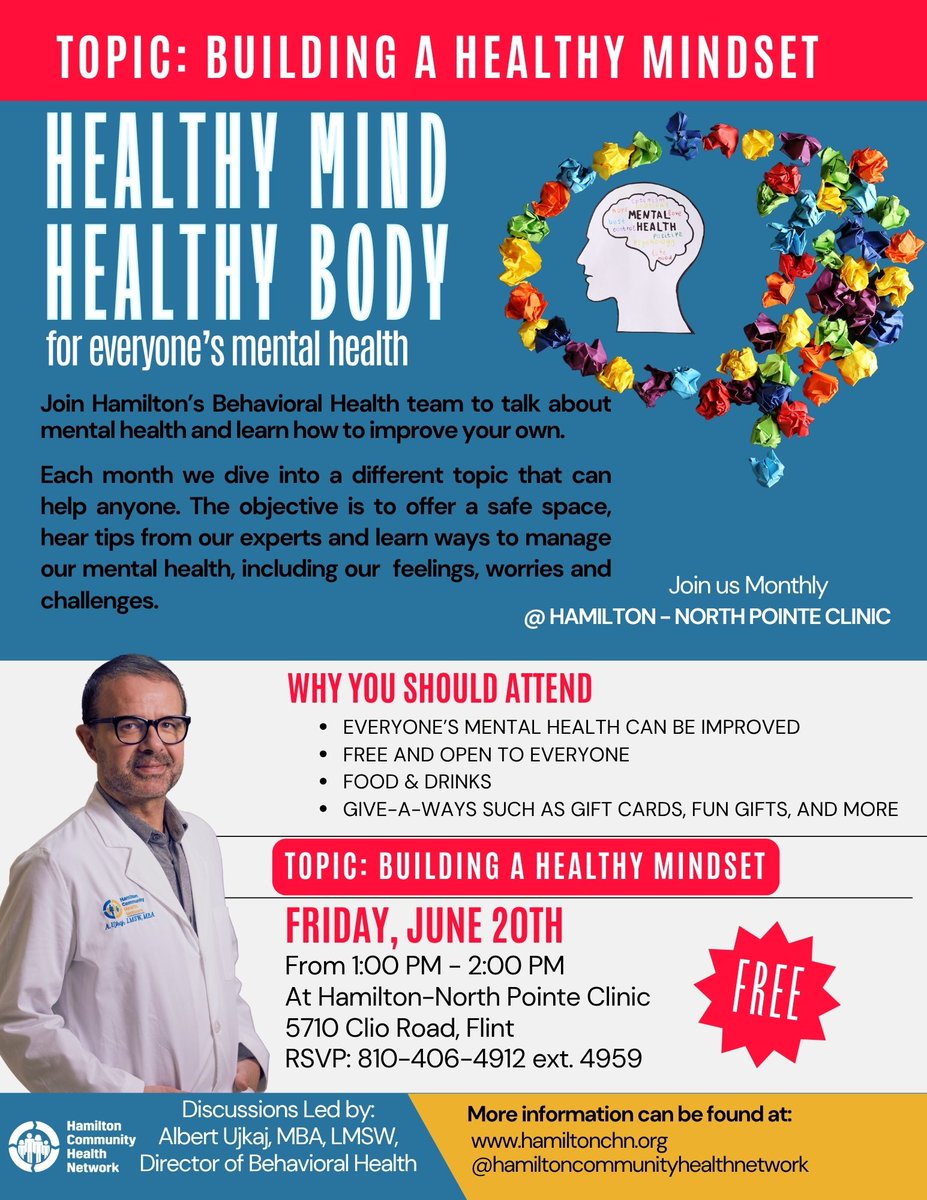 Today! Take a break and invest in yourself! Join us @ 1:00 PM at our North Pointe Clinic for mental health tips on Building a Healthy Mindset. It's the perfect opportunity to prioritize your well-being during your lunch break. #MentalHealthMatters #SelfCare