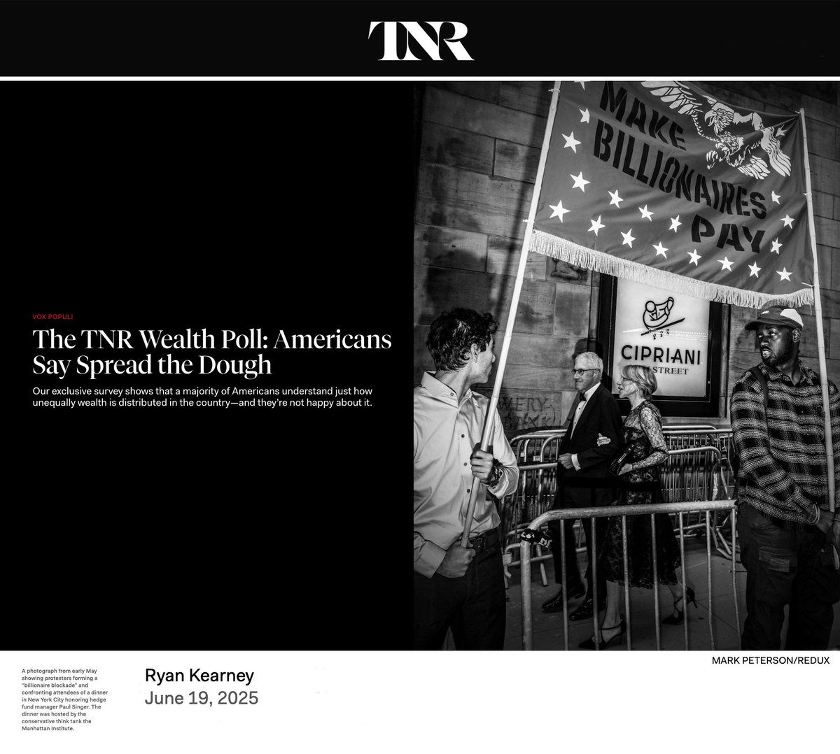 reduxpictures's tweet image. Photo by Mark Peterson/Redux of a “Billionaire Blockade” protest at the Manhattan Institute dinner honoring Paul Singer in NYC in The New Republic - June 19, 2024. @petersonpixs @newrepublic