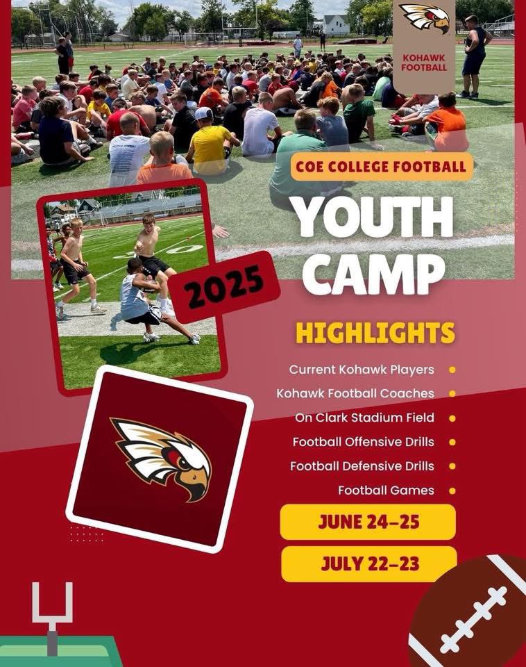 Coe College 🏈 Youth Camps are June 24-25 &amp; July 22-23.  

All details are here: football.coecamps.com
