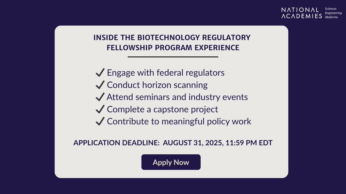 NASEM_BioRegFS's tweet image. Fellows engage directly with federal agencies, participate in expert-led seminars, & collaborate on capstone projects addressing gaps in the regulation of emerging products of biotechnology.
Apply Now - ow.ly/7tL050Walzp
#BiotechnologyFellowship