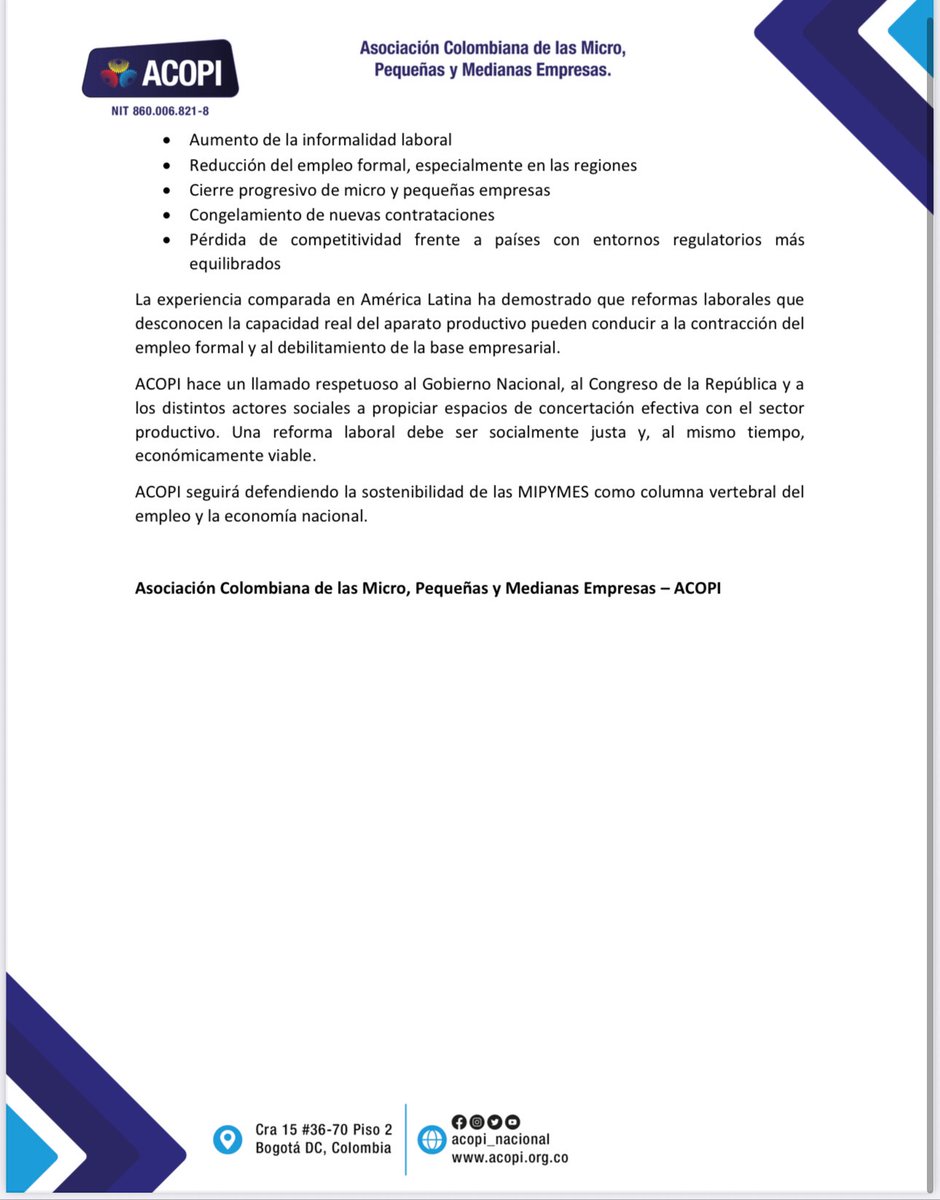ACOPI advierte sobre el impacto económico de la reforma laboral aprobada en el Senado de la República