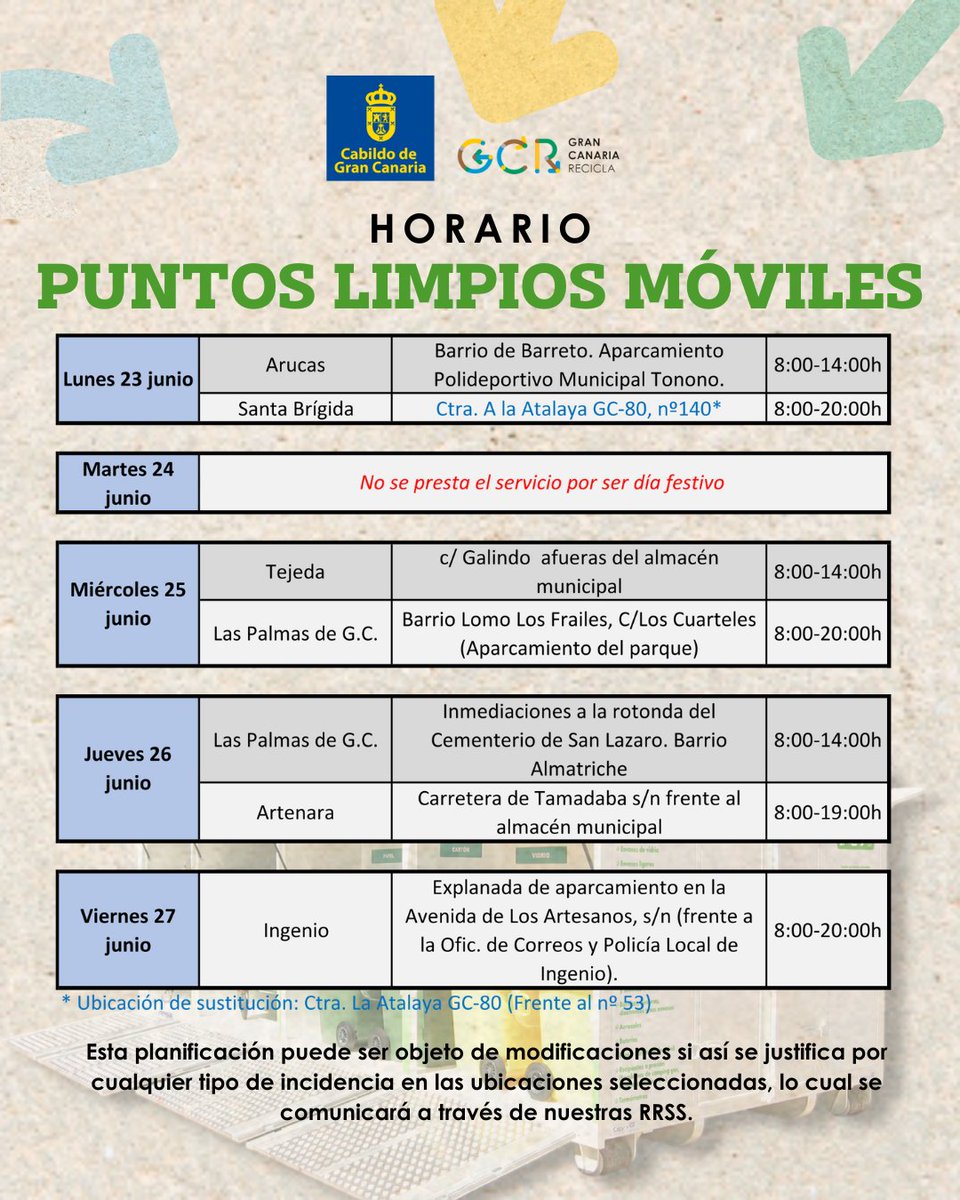 GC_Recicla's tweet image. 🔄 Compartimos los horarios y ubicaciones de los #PuntosLimpios Móviles durante la cuarta semana de junio.
#GCRecicla @GranCanariaCab @GranCanaria_M_A