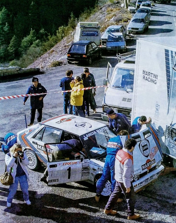 🔳 Juha Kankkunen and Juha Piironen’s Martini-liveried Lancia Delta HF 4WD in remote service during the 1987 Rallye Monte-Carlo.

Kankkunen led the event by over a minute heading into the final stage—but on SS26 Col de St Raphael, he dropped 2m21s, handing victory to team-mate