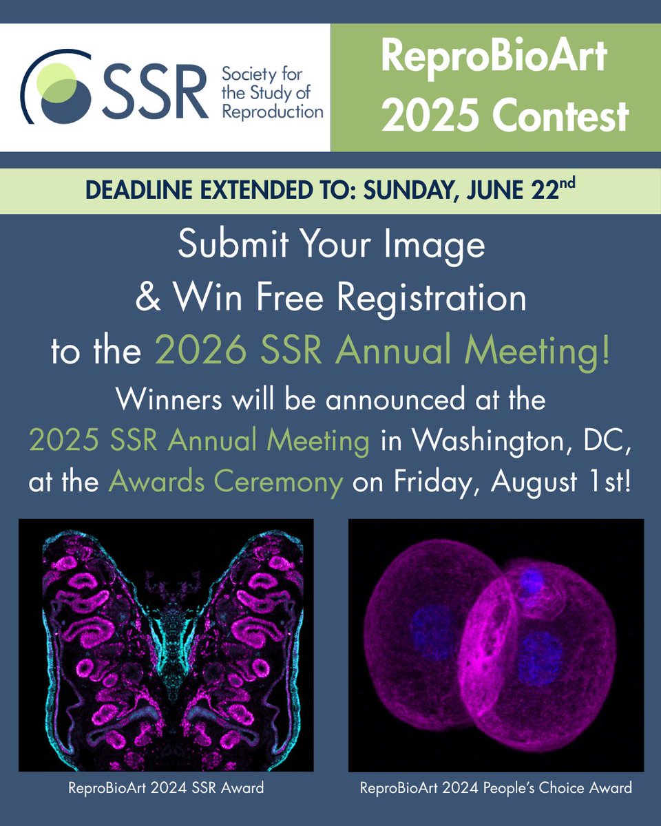 Great news! The #ReproBioArt contest deadline has been extended by one week! You now have until June 22, 2025, to submit your amazing work. Don't miss out! Find the full guidelines + submit your art here: ssr.org/reprobioart-co…