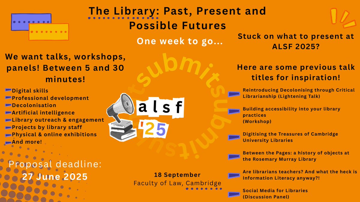 Just one week left to pitch a presentation for ALSF 2025! 📢

To help with inspiration, here are some of the titles from our previous conferences. A full list of titles is linked in our bio, along with the submission form. 🔗

We can’t wait to read your submissions! ❤️