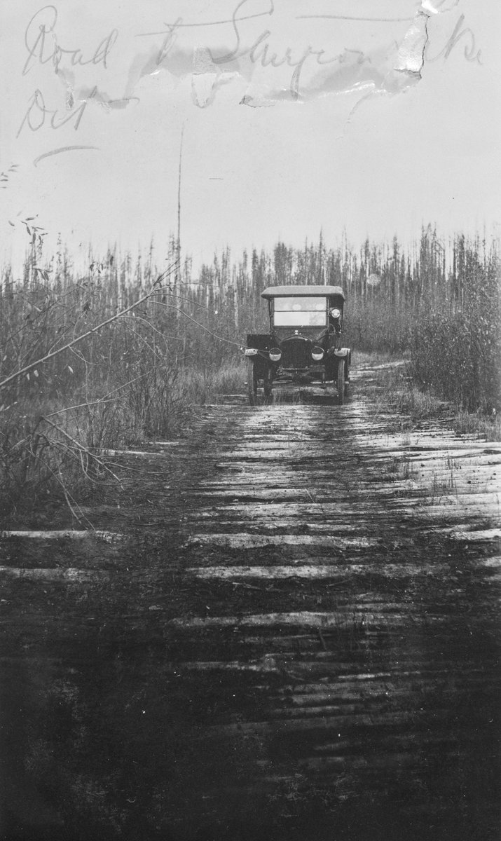 View of the corduroy road on the way to   the Sturgeon Lake detachment of the Alberta Provincial Police, 1922 (A4808).