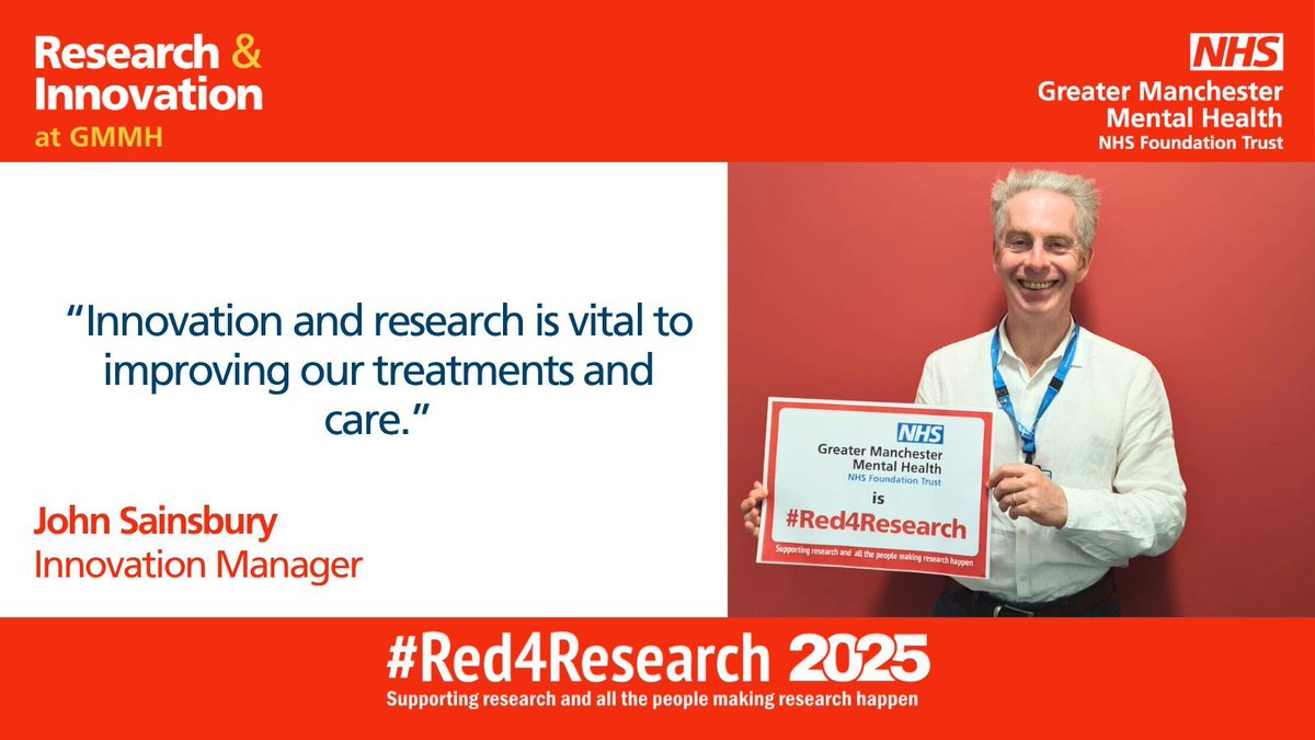 GMMH Research & Innovation (@gmmhresearch) on Twitter photo “Innovation and research is vital to improving our treatments and care.” - John Sainsbury, Innovation Manager. <a href="/GMMH_NHS/">Greater Manchester Mental Health</a> #Red4Research #BePartofResearch “Innovation and research is vital to improving our treatments and care.” - John Sainsbury, Innovation Manager. <a href="/GMMH_NHS/">Greater Manchester Mental Health</a> #Red4Research #BePartofResearch