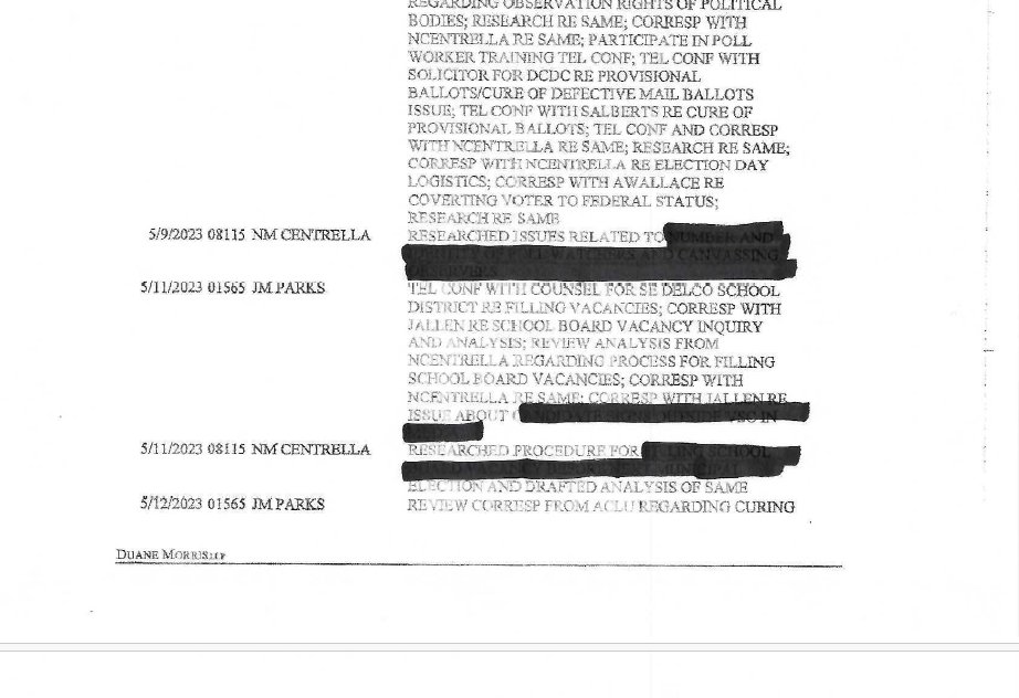 hoopes_leah's tweet photo. 🚨 BOMBSHELL: Delaware County’s hand-picked RTK attorney Robert Scott accidentally released UNREDACTED legal invoices that PROVE the County was hiding damaging info not attorney-client privileged material.
They used a Sharpie to try and cover it up. 🙄
Spoiler: It didn’t work. We now have evidence of discussions about election issues they tried to conceal.
This isn’t just sloppy.
This is spoliation, fraud, and a cover-up — exposed through their own incompetence.
They’re caught.
And the public is watching.
#Lawfare #ElectionIntegrity #DuaneMorris #TransparencyMatters #Trump #stupidity @EmeraldRobinson @realJoeHoft @BrainStorm_Joe @hodgetwins