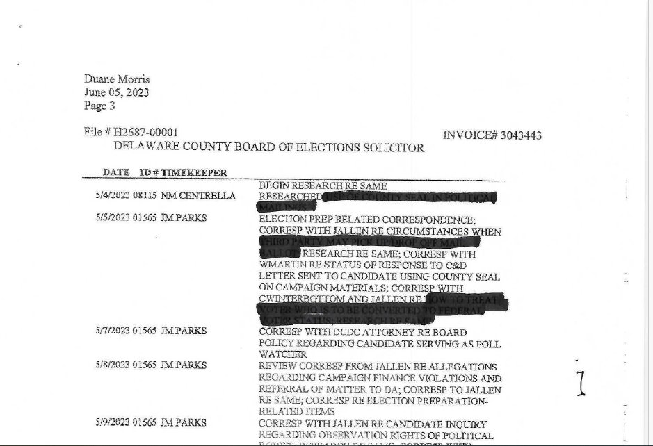 hoopes_leah's tweet photo. 🚨 BOMBSHELL: Delaware County’s hand-picked RTK attorney Robert Scott accidentally released UNREDACTED legal invoices that PROVE the County was hiding damaging info not attorney-client privileged material.
They used a Sharpie to try and cover it up. 🙄
Spoiler: It didn’t work. We now have evidence of discussions about election issues they tried to conceal.
This isn’t just sloppy.
This is spoliation, fraud, and a cover-up — exposed through their own incompetence.
They’re caught.
And the public is watching.
#Lawfare #ElectionIntegrity #DuaneMorris #TransparencyMatters #Trump #stupidity @EmeraldRobinson @realJoeHoft @BrainStorm_Joe @hodgetwins
