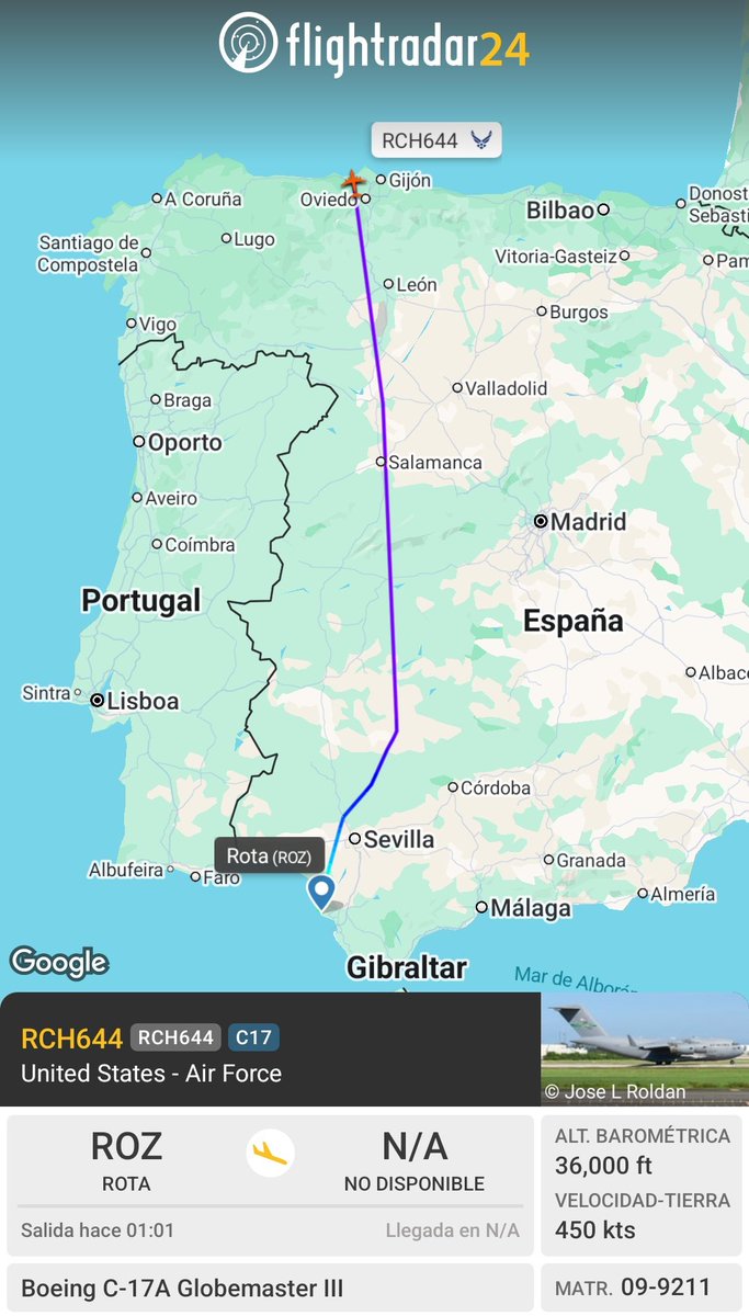🇺🇸 USAF C-17A Globemaster III 09-9211 del 62ndAW despega desde Rota  con rumbo N.