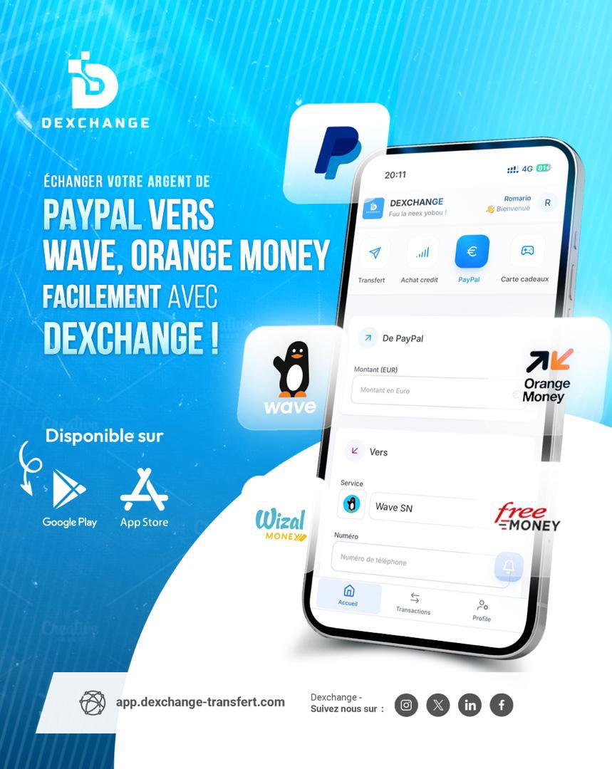 Échangez votre argent de PayPal vers Mobile Money en un clic !
Transférez vos fonds de PayPal vers Wave, Orange Money, Free Money ou Wizall rapidement, en toute sécurité et sans prise de tête !

📱 Disponible sur Google Play et App Store
🌐 Essayez-le maintenant 👉