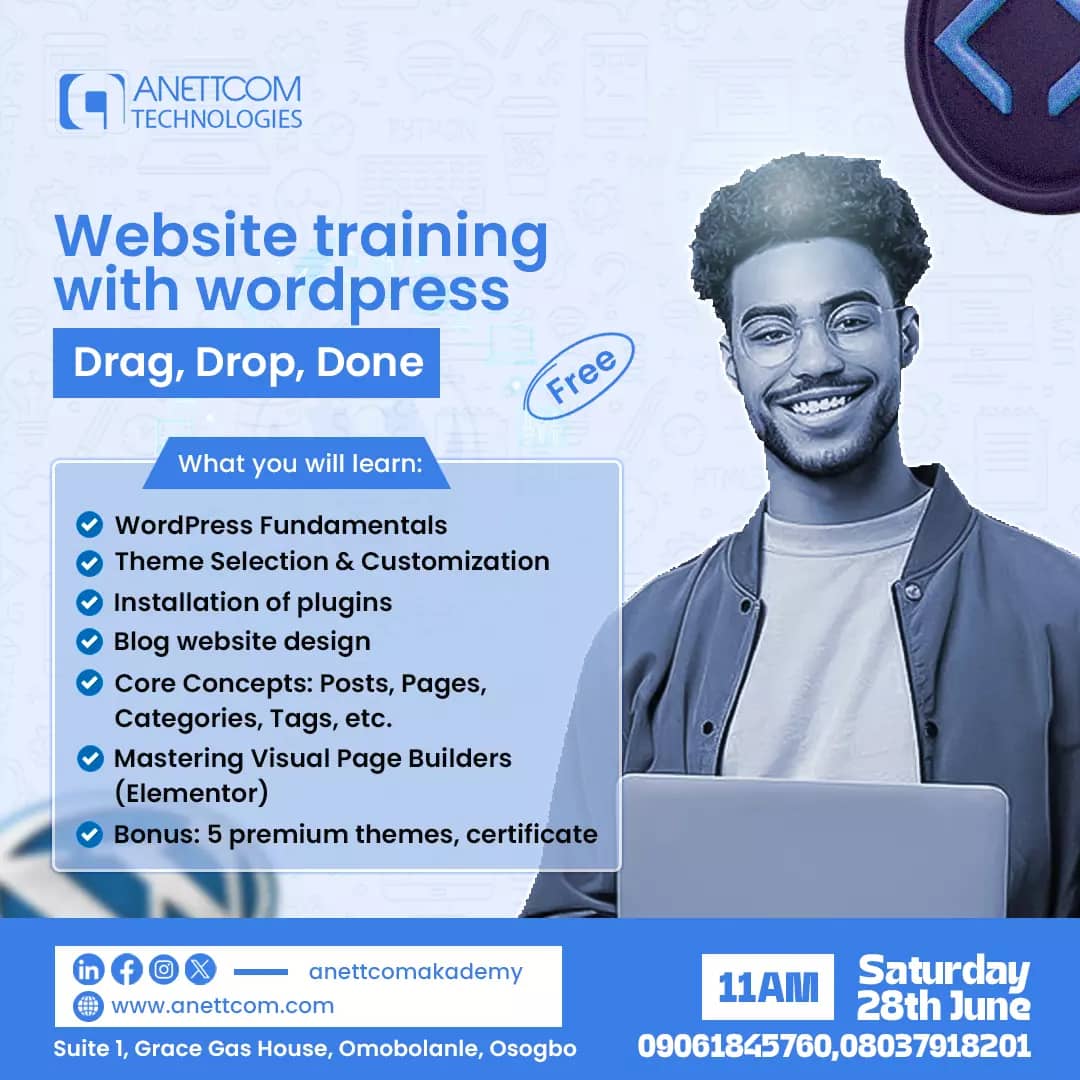 Are you <a href="/InsideOsogbo/">Inside Òṣogbo</a> and want to start earning with website design? 
Here is an opportunity for you to kick-start your journey. 
Free website design training with WordPress. 
Register now to secure your spot:
anettcom.com/freetraining

Don’t miss this opportunity!!